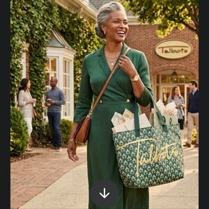 Talbots green print large canvas tote reuseable shopping bag NWT Spellout